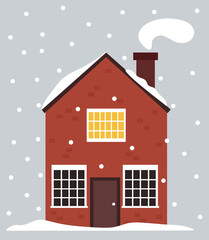Fototapeta premium Swedish house in wintertime. Norwegian red brick cottage in the snow. Winter fairy tale in Scandinavia.
