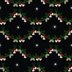 Christmas Wreaths with Bells and pine Cones Seamless Pattern Black Background. White Stars scattered across the black pattern. Christmas Vector Illustration.
