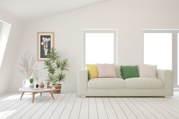 White living room with sofa. Scandinavian interior design. 3D illustration