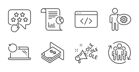 Ranking star, Teamwork and Cogwheel line icons set. Atm money, Report and Recovery laptop signs. Seo script, Ole chant symbols. Click rank, Employees change, Engineering tool. Vector