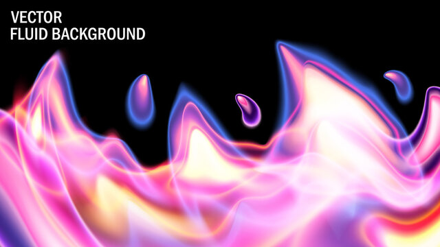 Vector graphics. Neon plasma lights on a black background. Chaotic yellow, blue and red flames. Abstract fire. Glowing plasma effect. Energy and movement. Template for music posters, banners.