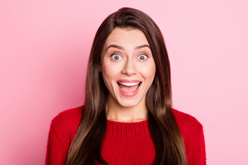 Fototapeta premium Portrait photo of amazed surprised pretty girl looking shocked cheerful wearing red clothes isolated on pink color background