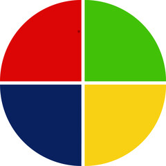 Bright colored Circle divided in four. Pie chart with separated same-sized segments. Clean design - transparent background.
