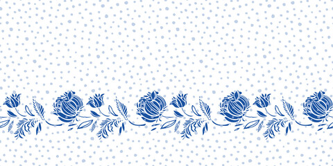 Vintage blue antique porcelain botany tulip border. Vintage kitchen. Hand drawn botany floral garland. Cut out design on white dotted background. Elegant nature background. Perefect for kitchen
