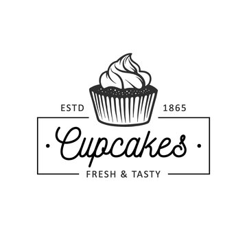Vintage style bakery shop simple label, badge, emblem, logo template. Graphic food art with engraved cupcake design vector element with typography. Linear organic pastry on white background.