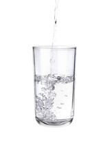 Pouring water into a separate glass on a white background. Clean drinking water concept