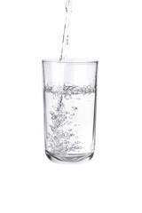 Pouring water into a separate glass on a white background. Clean drinking water concept