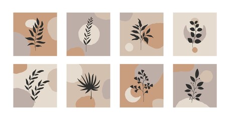 Abstract background set. Doodle hand drawn shapes, scribbles, flower leaves, contemporary geometric posters. Vector illustration