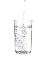 Pouring water into a separate glass on a white background. Clean drinking water concept