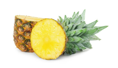 Cut fresh juicy pineapple on white background