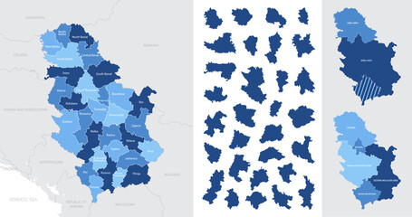 Detailed blue map of Serbia with administrative divisions, major cities on a white background, vector illustration