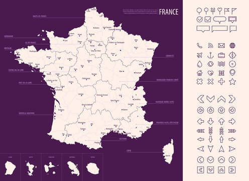 Detailed map of France with administrative divisions on a dark background, big cities of the country and icons set, vector illustration
