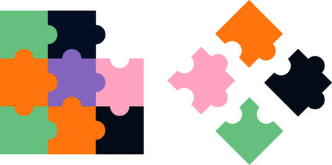 Colorful jigsaw puzzle with one missing piece and the correct piece with three wrong pieces. 