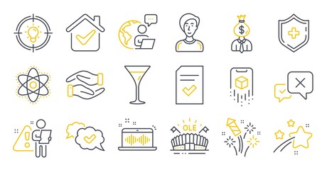 Set of Business icons, such as Music making, Businesswoman person, Helping hand symbols. Manager, Sports arena, Chemistry atom signs. Medical shield, Idea, Martini glass. Reject, Approved. Vector