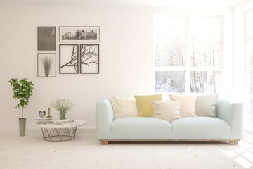 White living room with sofa and winter landscape in window. Scandinavian interior design. 3D illustration