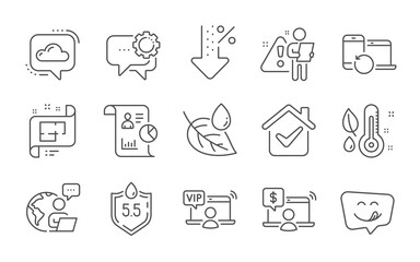 Report, Online shopping and Thermometer line icons set. Ph neutral, Low percent and Recovery devices signs. Vip access, Cloud communication and Leaf dew symbols. Line icons set. Vector
