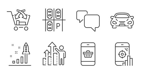 Seo phone, Speech bubble and Cross sell line icons set. Car, Parking place and Development plan signs. Employee results, Smartphone buying symbols. Search engine, Chat message, Market retail. Vector