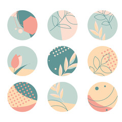 Abstract highlight covers for social media, round icon set for current pinned stories. Botanical memphis style. Vector circle illustration.