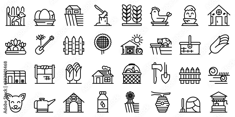 Poster village icons set. outline set of village vector icons for web design isolated on white background
