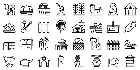 Village icons set. Outline set of village vector icons for web design isolated on white background
