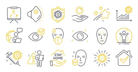 Set of Medical icons, such as Sick man, Recovered person, Coronavirus symbols. Check eye, Coronavirus protection, Vision board signs. Uv protection, Face biometrics, Medical mask. Vector