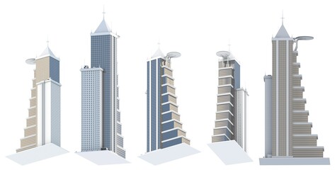 5 renders of fictional design tall buildings with helipad with blue sky reflection - isolated on white, bottom view 3d illustration of architecture