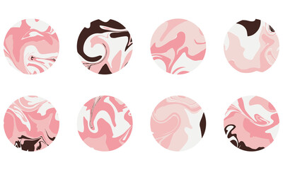Marble pink highlight covers for social media, round icon set for current pinned stories. Marble circles. Vector circle illustration.