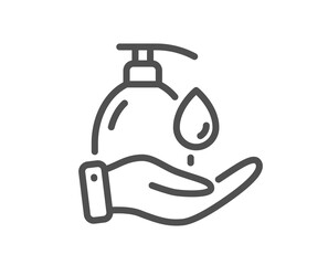 Wash hands line icon. Covid hygiene sign. Washing liquid symbol. Quality design element. Linear style wash hands icon. Editable stroke. Vector