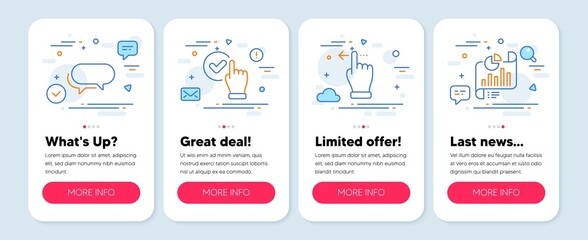 Set of Technology icons, such as Checkbox, Messenger, Touchscreen gesture symbols. Mobile app mockup banners. Report document line icons. Confirmed, Speech bubble, Slide left. Growth chart. Vector