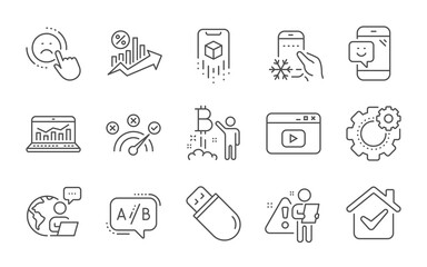 Cogwheel, Correct answer and Web analytics line icons set. Refrigerator app, Loan percent and Usb stick signs. Smile, Ab testing and Dislike symbols. Line icons set. Vector
