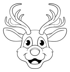 Fototapeta na wymiar A cute Christmas Santas reindeer cartoon character. In black and white outline like a coloring book page.