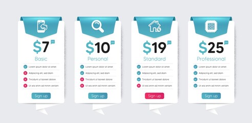 Included icon as Search, Cpu processor, Loan house signs. Price table template, business plan chart. Business icons set. Incoming call flat icons. Vector