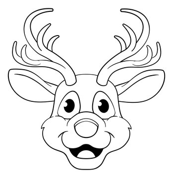 recommend clip art: A cute Christmas Santas reindeer cartoon character. In black and white outline like a coloring book page.