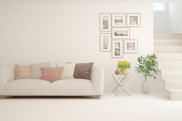 White living room with sofa. Scandinavian interior design. 3D illustration