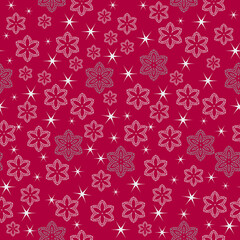 Snowflake on red Christmas Seamless Pattern. New Year Wrapping Paper Design Pattern. Vector Illustration Red Stars.