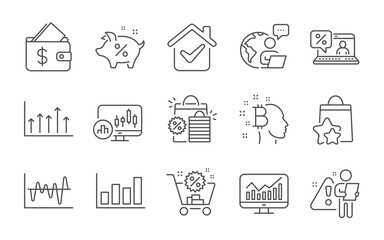 Bitcoin think, Wallet and Stock analysis line icons set. Loyalty points, Growth chart and Shopping bags signs. Statistics, Loan percent and Report diagram symbols. Line icons set. Vector