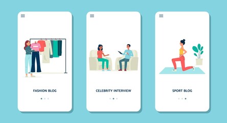 Onboarding mobile pages set for various blogs flat vector illustration.
