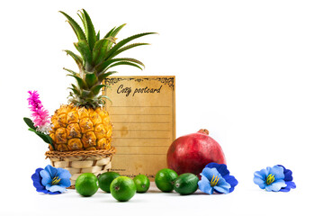 Beautiful exotic motive, fruits on a white isolated background, template, perfect composition