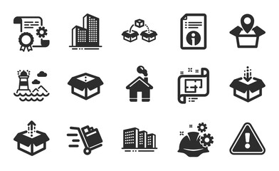 Push cart, Lighthouse and Working process icons simple set. Parcel shipping, Construction document and Skyscraper buildings signs. Buildings, Package location and Send box symbols. Vector