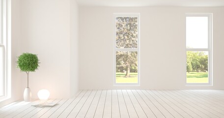 Stylish empty room in white color with summer landscape in window. Scandinavian interior design. 3D illustration