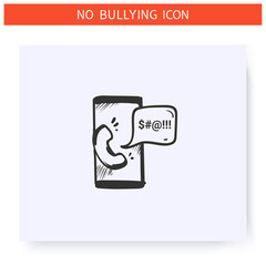 Harassing phone call icon. Outline sketch drawing.Cyberbullying on smartphone.Anonymous menacing call, phone abuse. Aggressive behaviour, harassment. Social issue. Isolated vector illustration