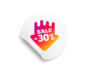 Sale 30 percent off sticker. Circle sticker with offer banner. Discount banner shape. Coupon arrow icon. Round sticker mockup banner. Sale 30% badge shape. Adhesive paper message. Vector