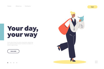 Planning your day concept of landing page with young woman making notes on walk to office or study