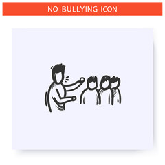 Collective bullying icon.Victim blaming. Haters around man. Outline sketch drawing. Aggressive behaviour, violence and harassment. Discrimination, pressure, social issue.Isolated vector illustration 