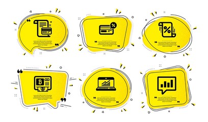Online statistics, Loan percent and Payment card icons simple set. Yellow speech bubbles with dotwork effect. Bitcoin atm, Cashback and Analytical chat signs. Vector