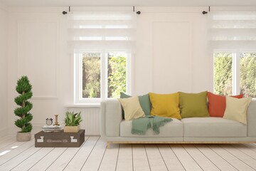 White living room with sofa. Scandinavian interior design. 3D illustration