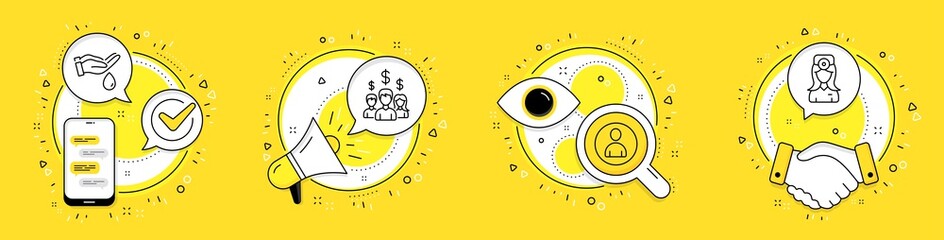 Avatar, Salary employees and Wash hands line icons set. Cell phone, megaphone and deal vector icons. Oculist doctor sign. User profile, People earnings, Skin care. Optometrist. People set. Vector