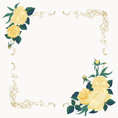Vector illustration of yellow roses and peonies and vintage victorian graceful frame. Invitations, cards, special ceremonies