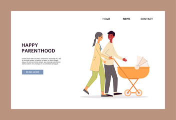Happy parenthood web banner with characters of parents flat vector illustration.
