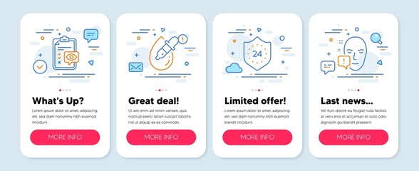 Set of Medical icons, such as Eye drops, 24 hours, Eye checklist symbols. Mobile app mockup banners. Face attention line icons. Pipette, Protection, Optometry. Exclamation mark. Vector
